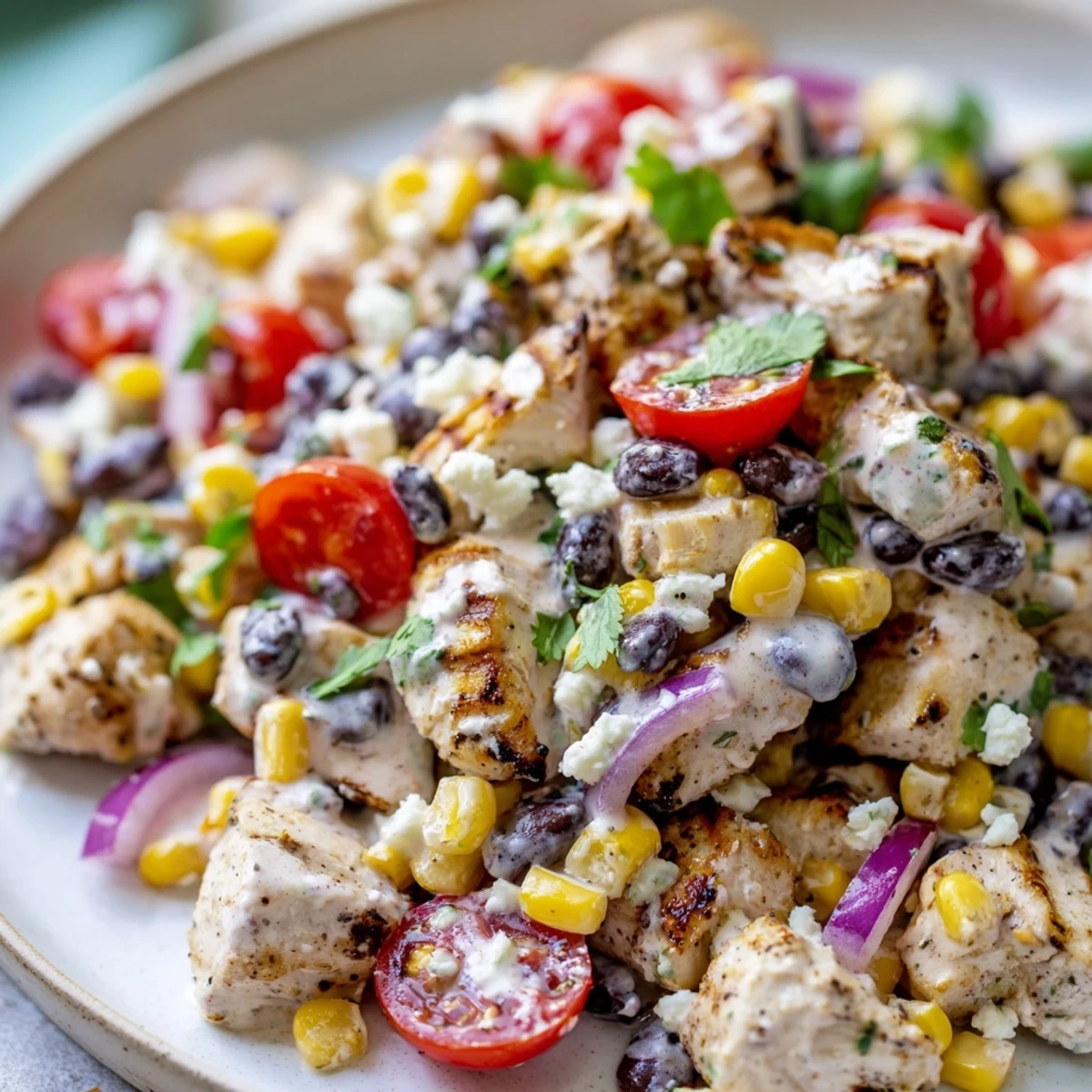 Grilled chicken chunks tossed with charred corn, black beans, and creamy Greek yogurt dressing in a colorful street corn salad