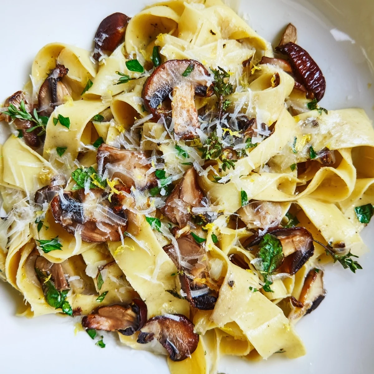 Golden garlic butter mushroom pappardelle tossed with fresh herbs and grated Parmesan cheese