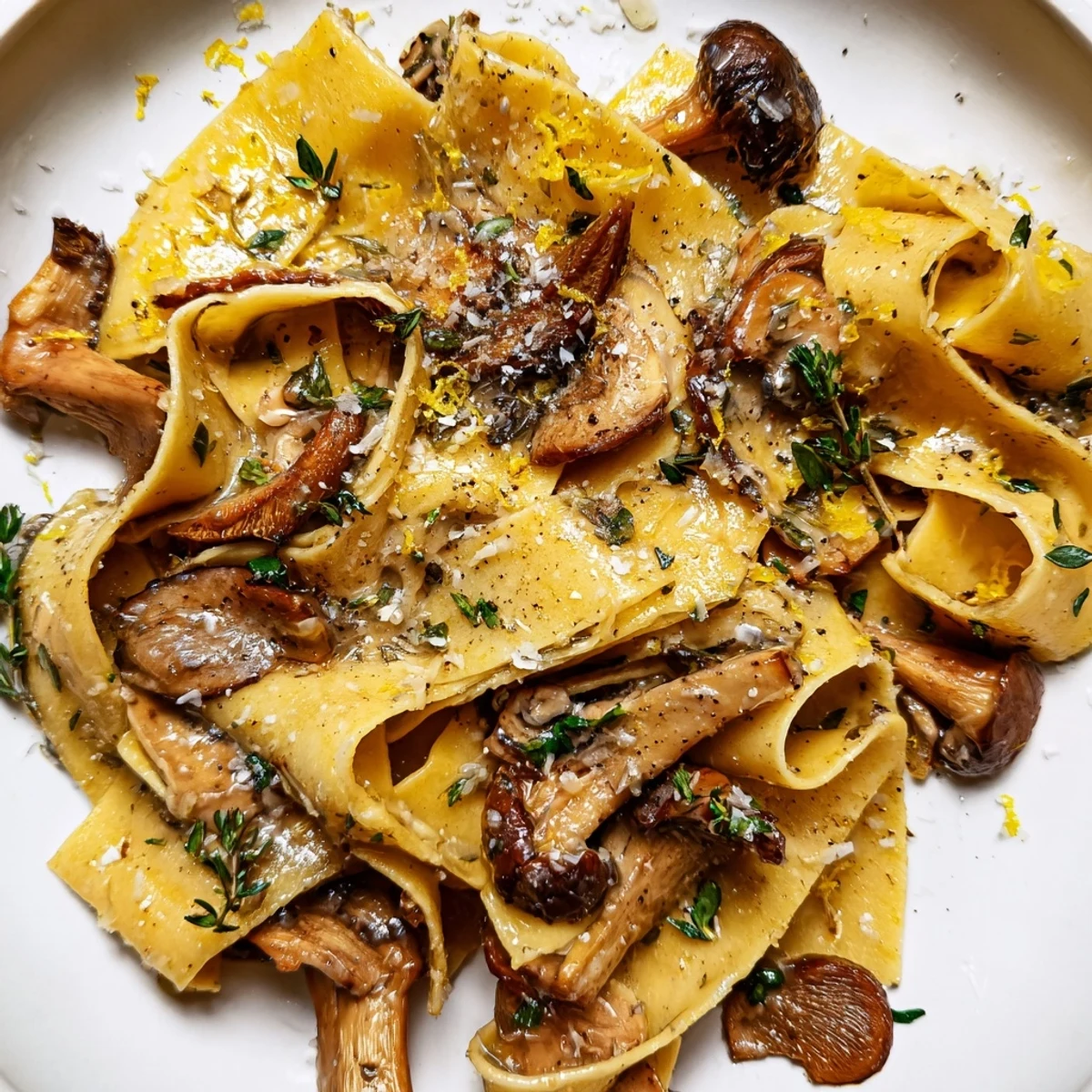 Creamy garlic butter mushroom pappardelle with golden mushrooms and lemon zest garnish on white plate