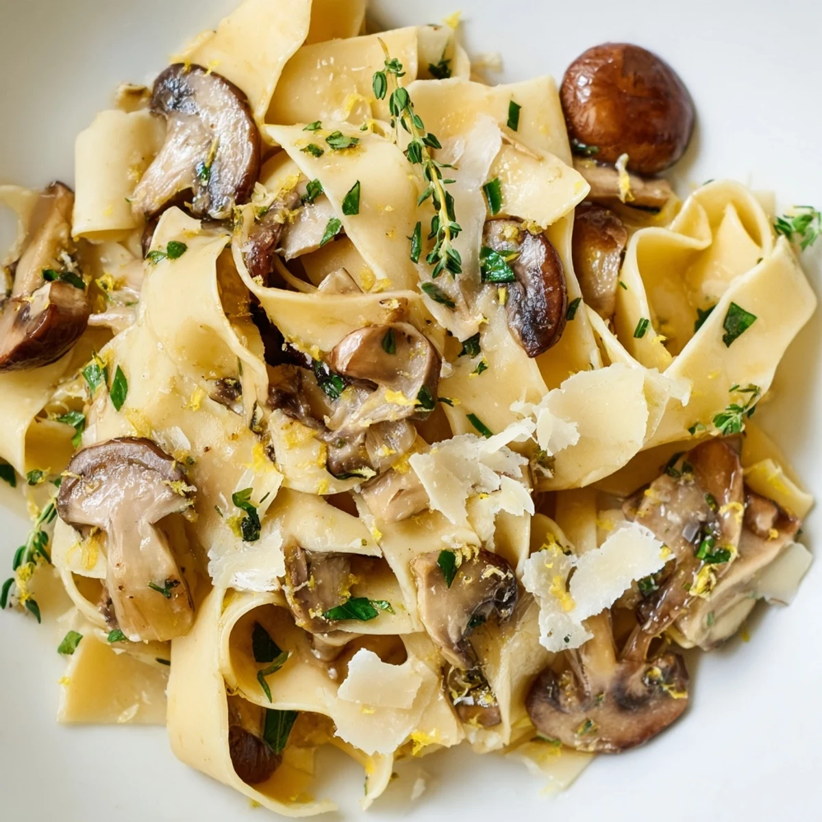 Wide ribbons of pappardelle pasta coated in rich buttery garlic mushroom sauce with parsley