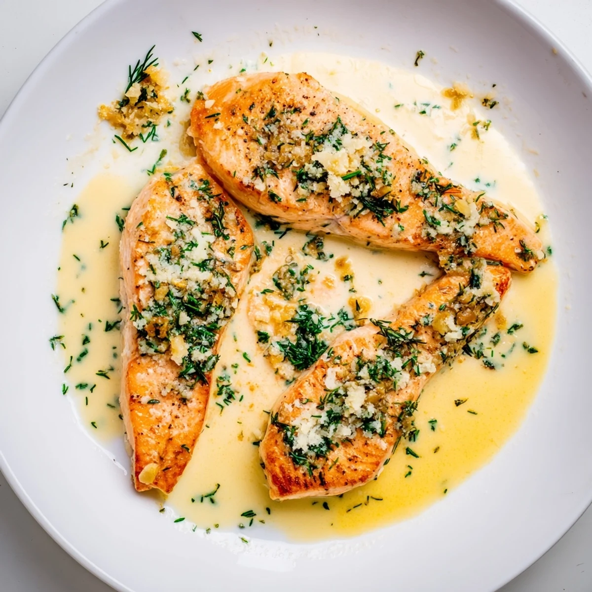 Creamy garlic butter salmon served on white plate with parsley garnish and lemon wedge