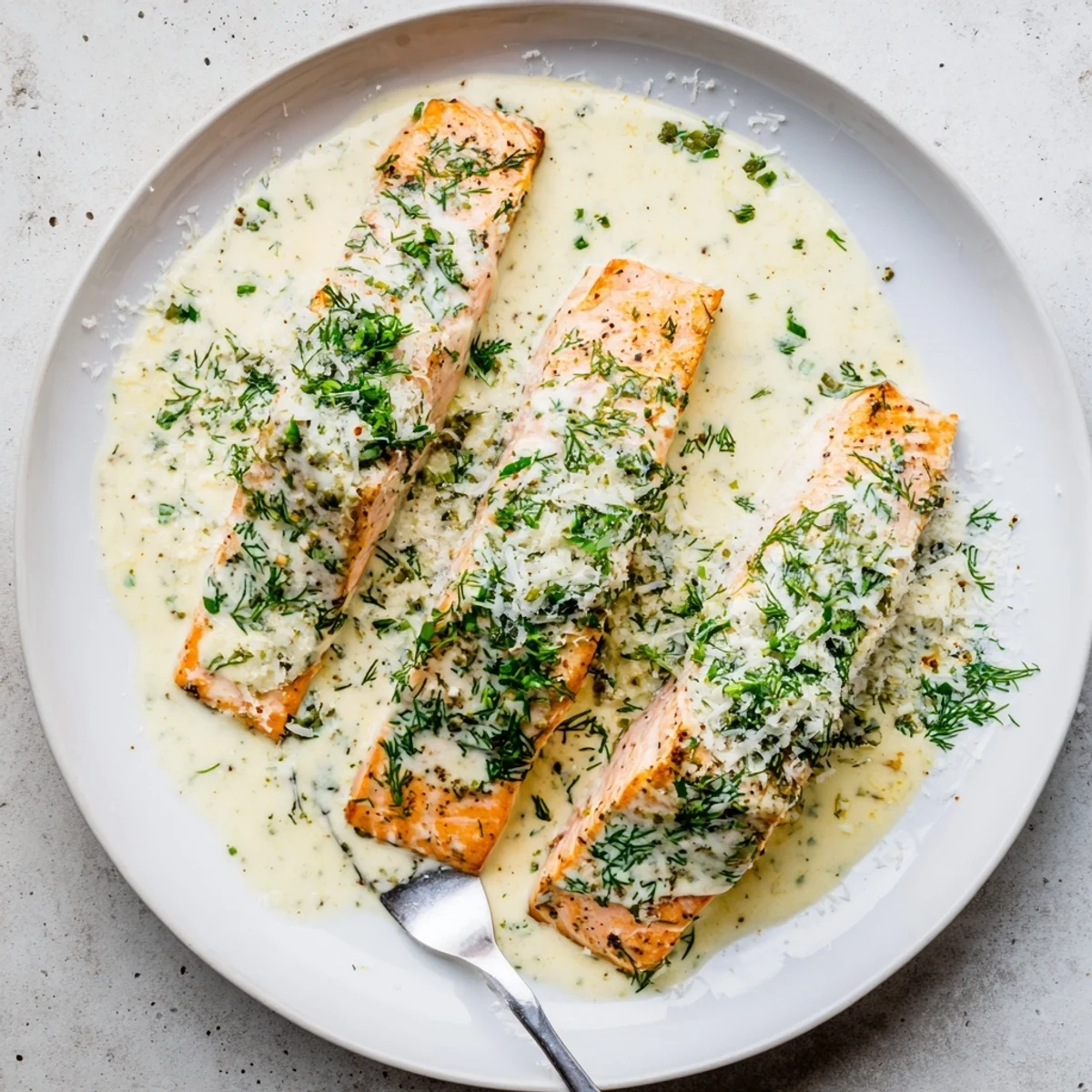 Golden pan-seared salmon fillets drizzled with rich garlic butter cream sauce and fresh herbs