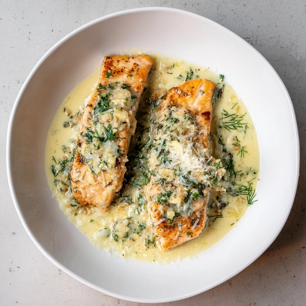 Succulent salmon swimming in velvety Parmesan garlic sauce with dill and shallots