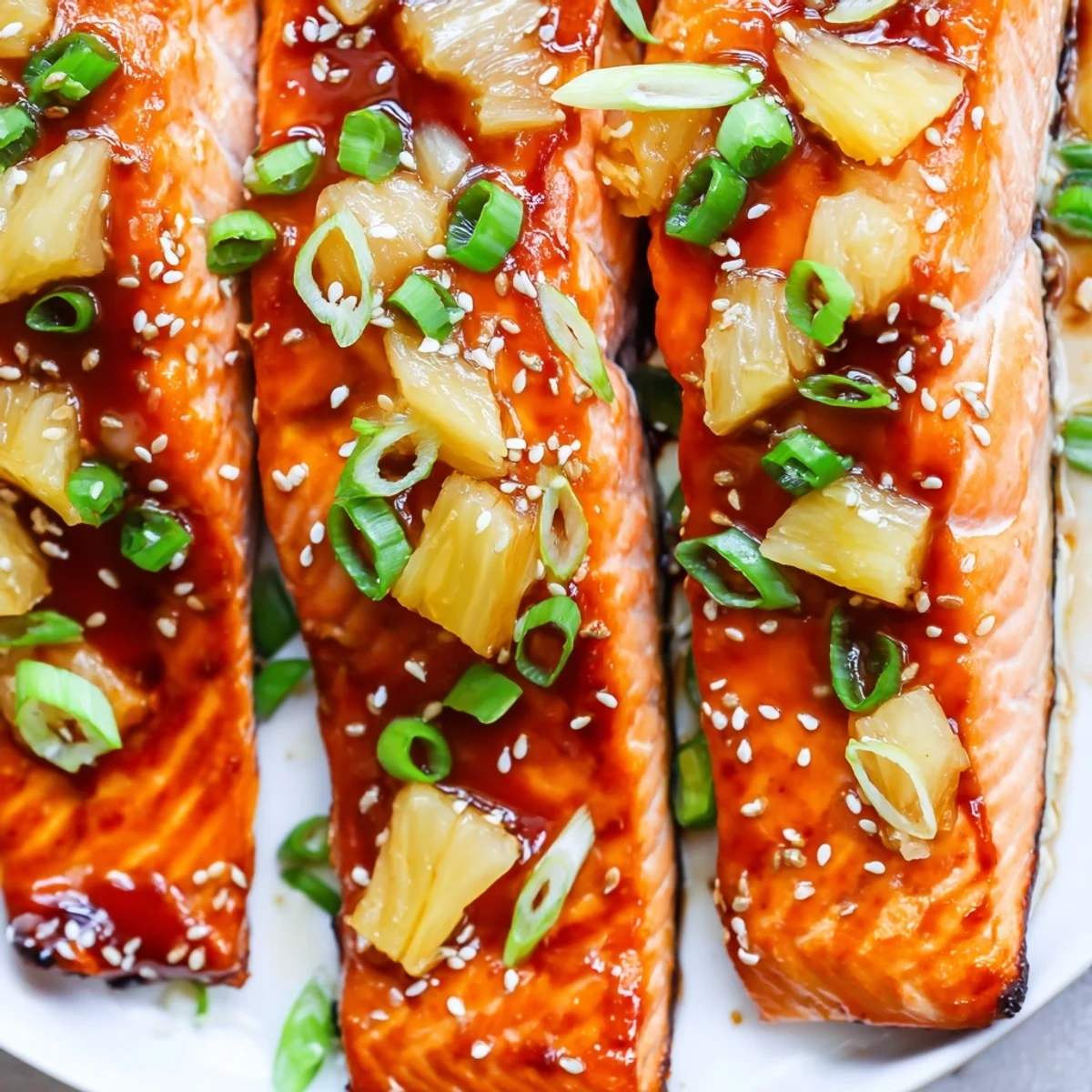 Baked pineapple glazed salmon served on white plate with sticky glossy sauce and toasted sesame seed sprinkles