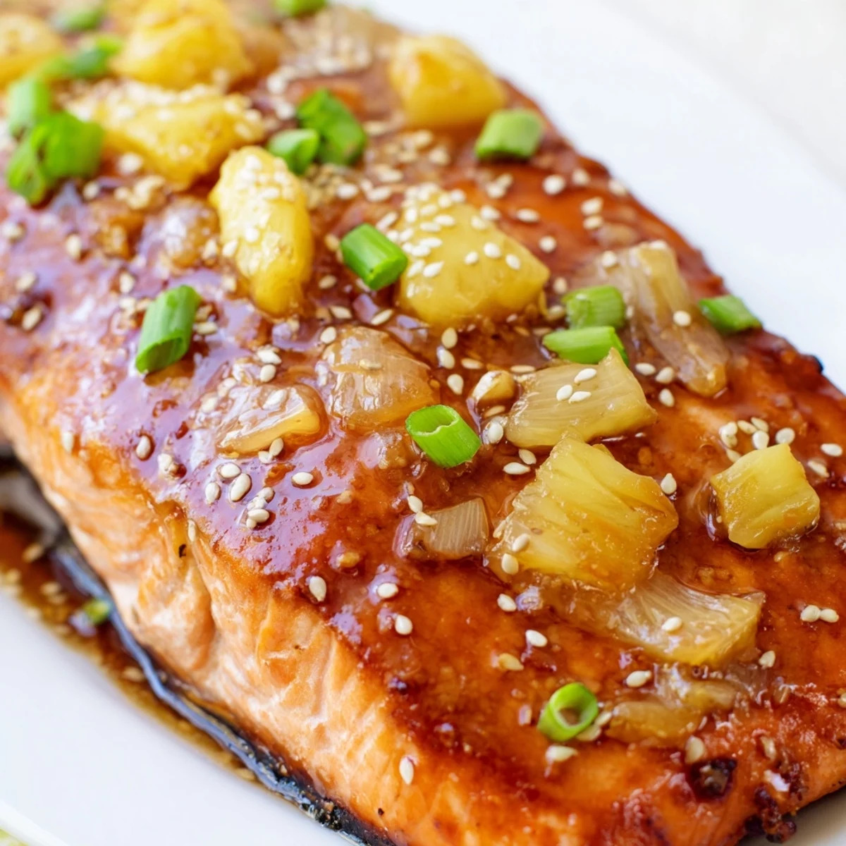 Golden brown pineapple glazed salmon fillets brushed with shiny sweet tangy glaze and garnished with fresh green onions