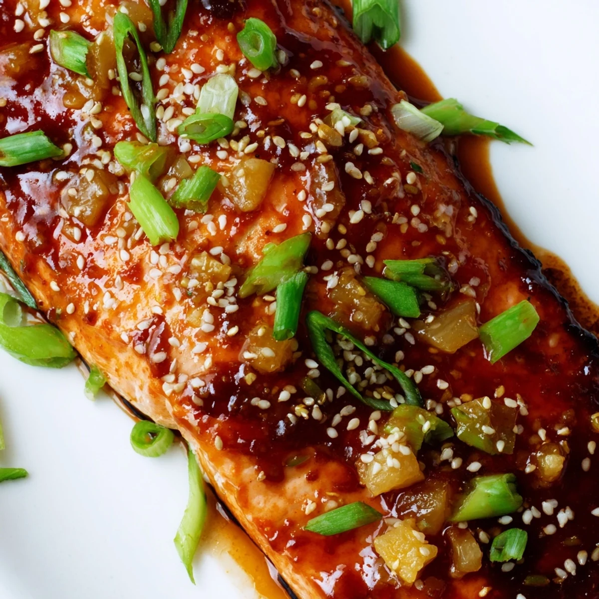 Close-up of tender pineapple glazed salmon with caramelized edges drizzled with thick sweet pineapple soy reduction