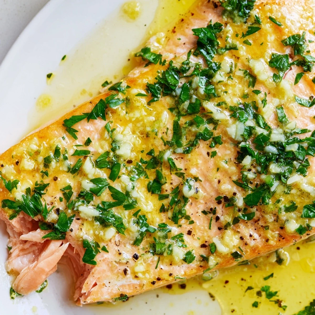 Golden baked garlic butter salmon fillet flaking apart on a white serving plate
