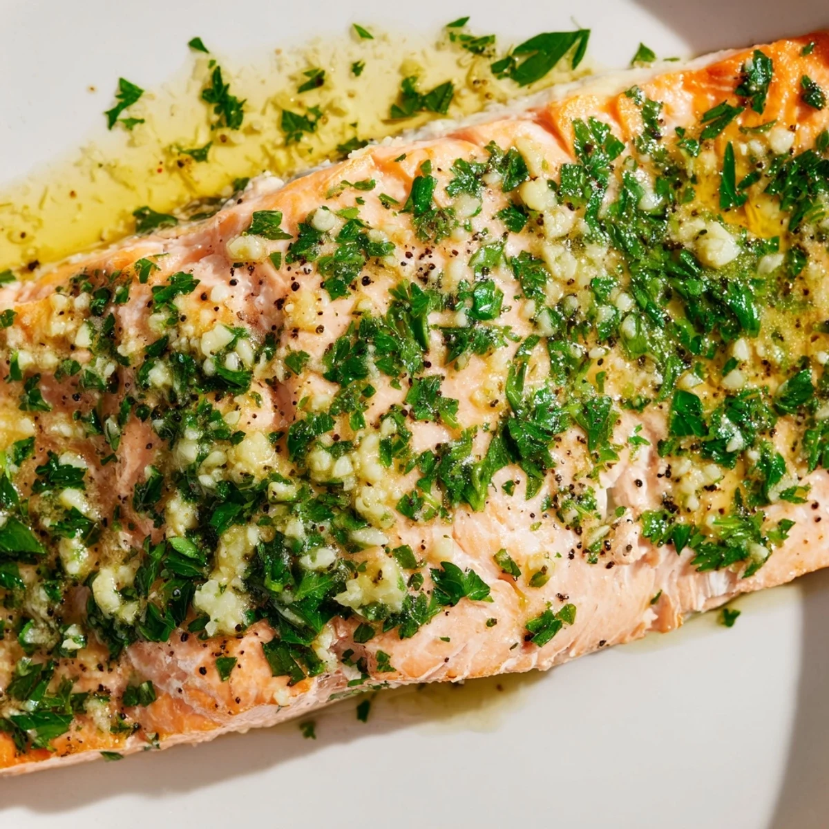 Tender oven roasted salmon with rich garlic butter glaze and lemon slices
