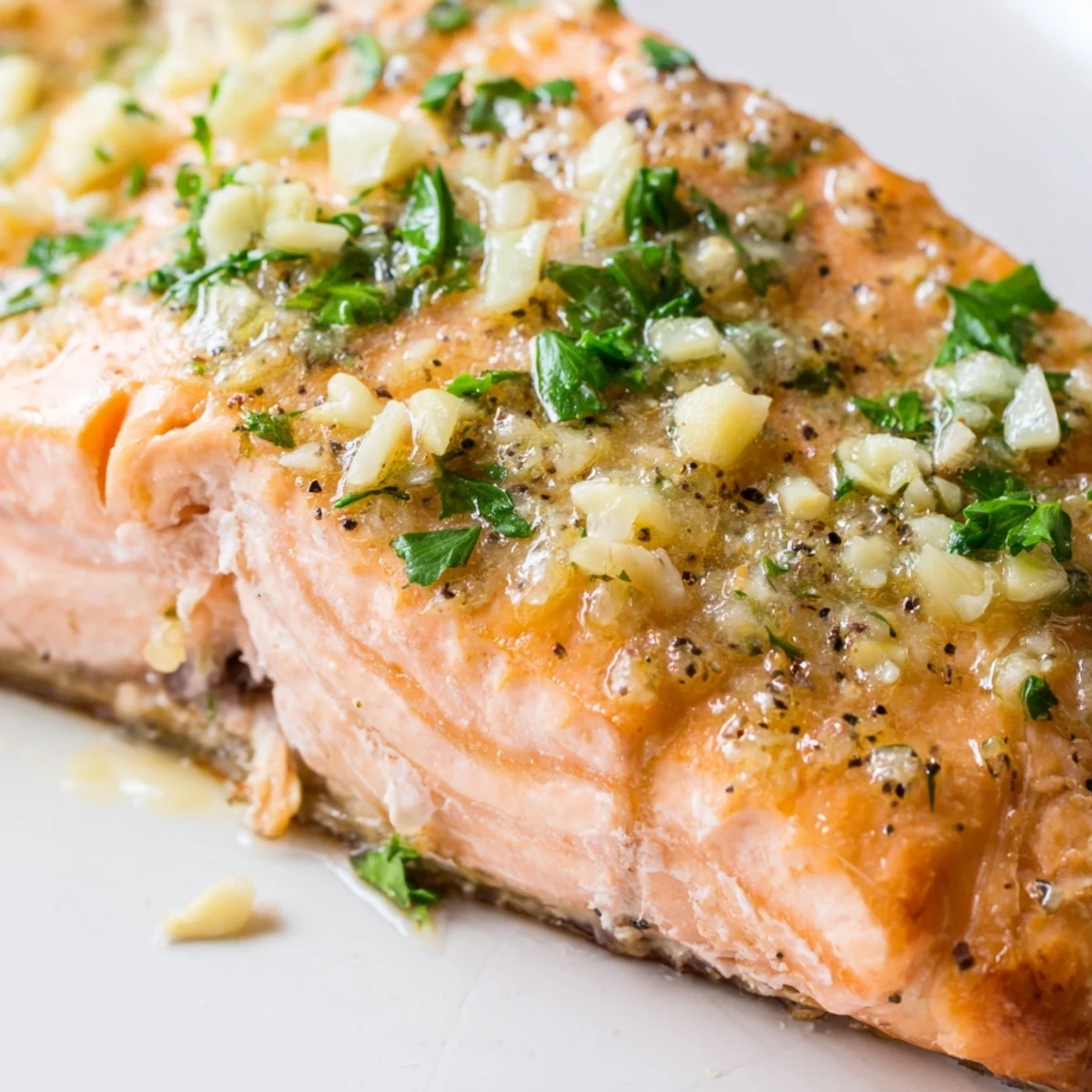 Fresh parsley garnished salmon with melted garlic butter sauce ready for dinner