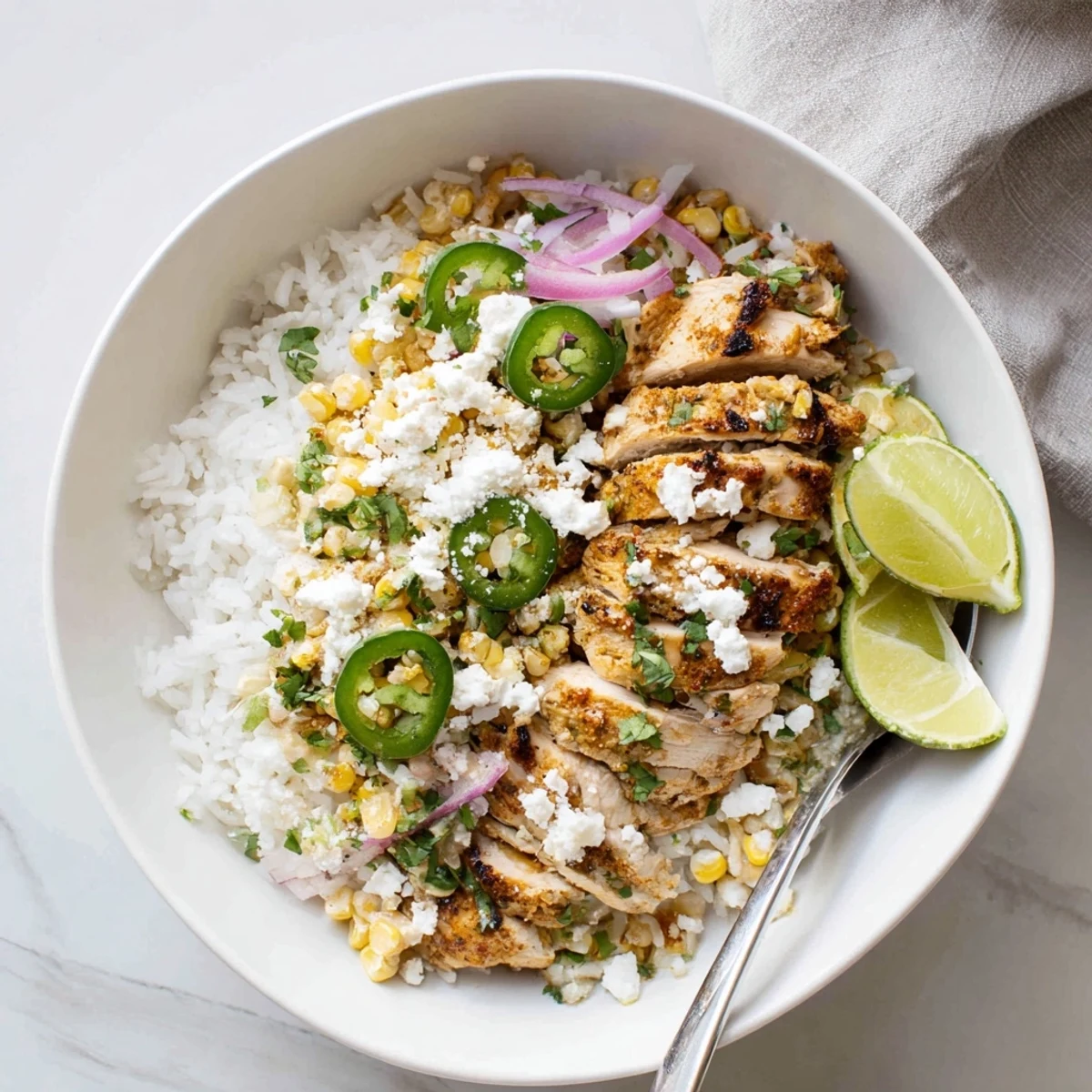Vibrant easy street corn chicken bowl with grilled chicken, creamy corn topping, and fresh cilantro garnish on white rice