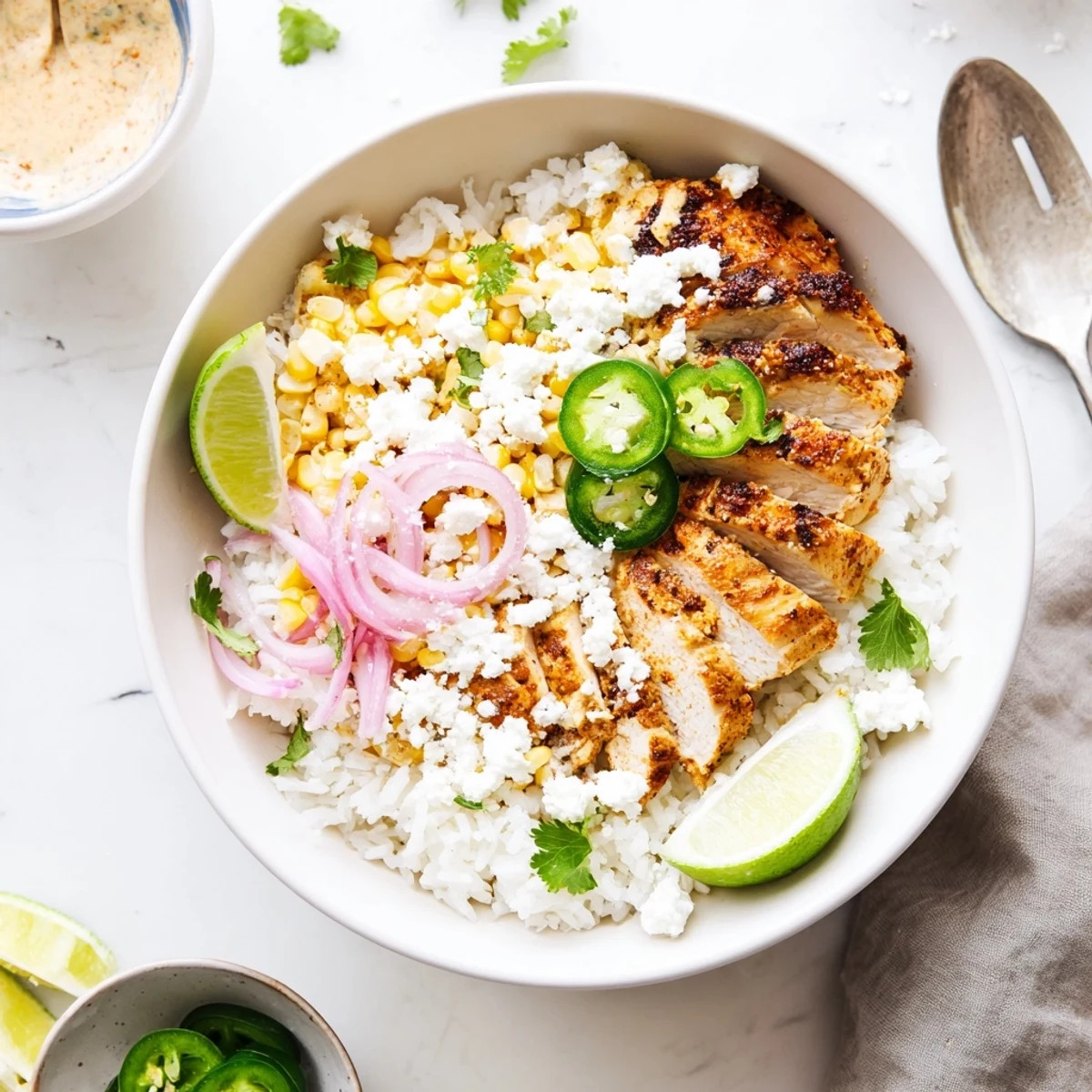 Mexican-inspired street corn chicken bowl featuring tender sliced chicken, zesty mayonnaise corn mixture, red onion, and lime