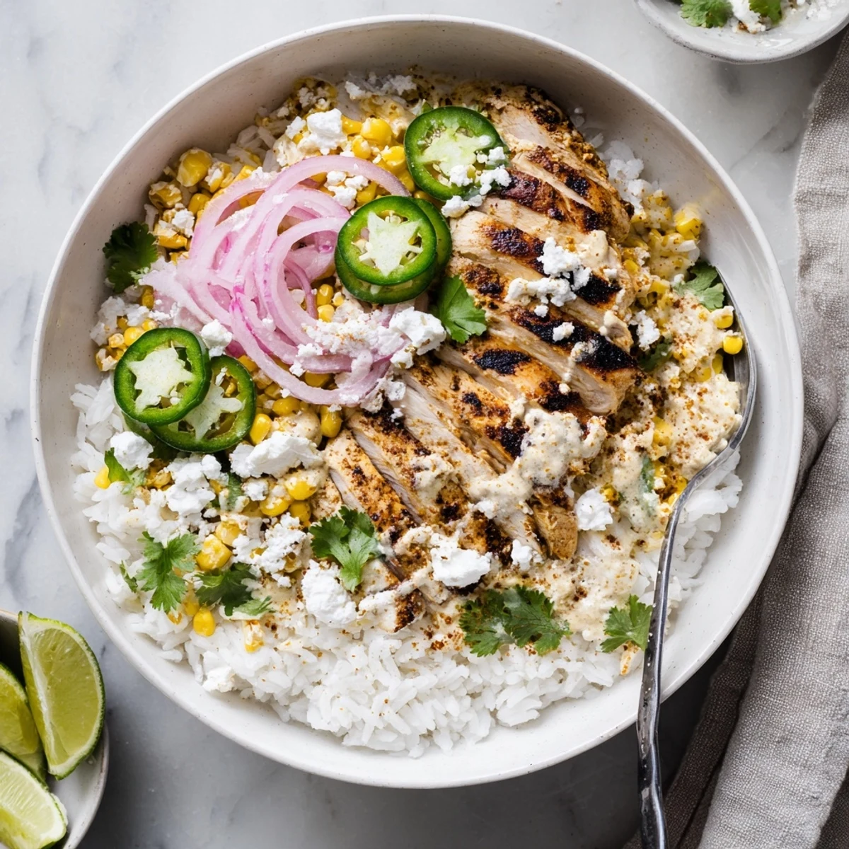 Juicy spiced chicken served over rice with charred corn, tangy cotija cheese sauce, lime wedges, and sliced jalapeño