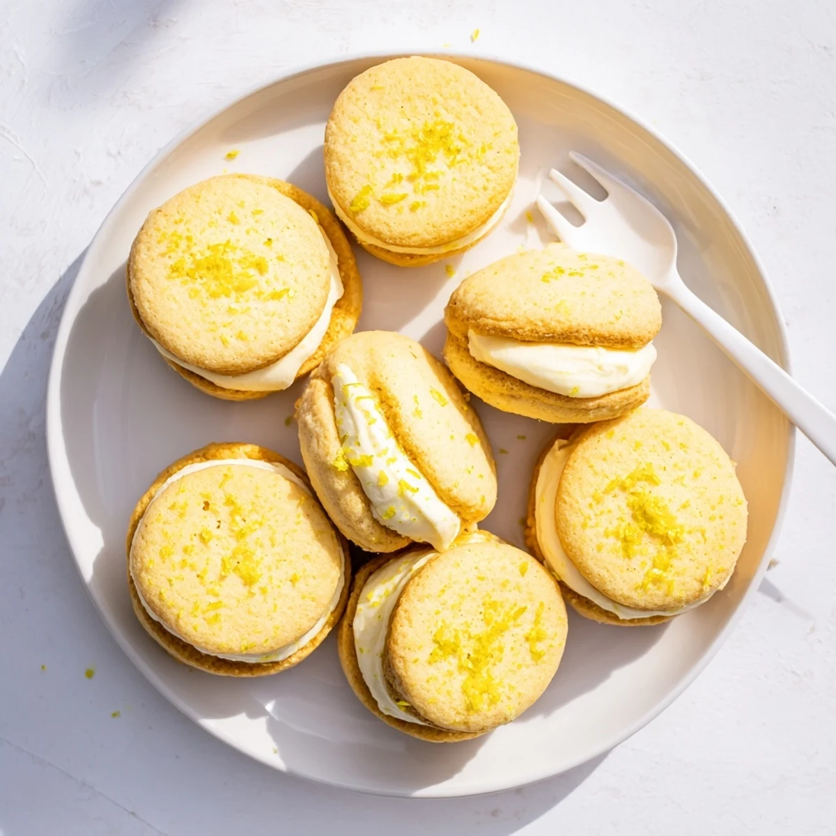 Golden lemon sandwich cookies filled with tangy vegan lemon curd on a white plate.