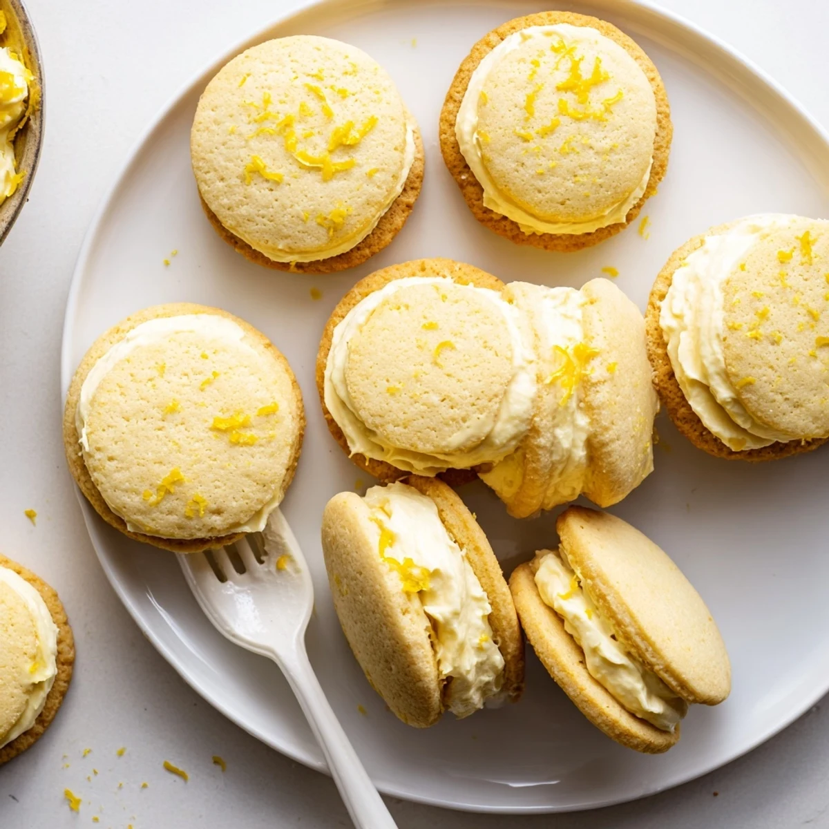 Two bright zesty lemon cookies with creamy lemon curd filling, stacked for serving.
