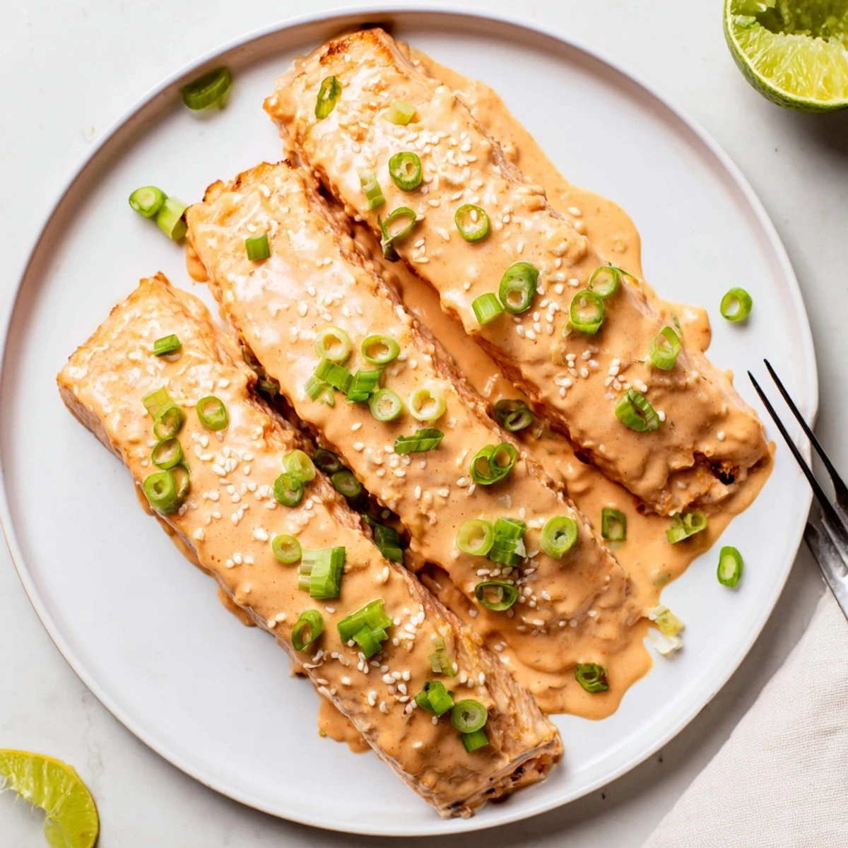 Golden baked Bang Bang Salmon fillets glazed with creamy spicy red sauce and topped with fresh green onions