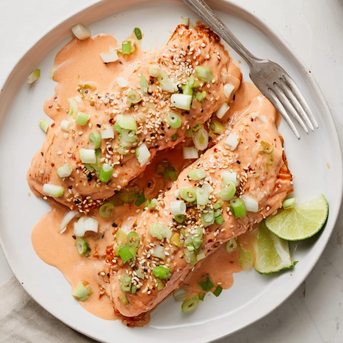 Close up of Bang Bang Salmon pieces with caramelized edges sprinkled with toasted sesame seeds and lime wedge