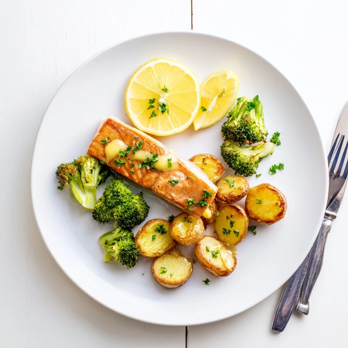 Lemon butter salmon with crispy potatoes and broccoli arranged on a rustic wooden board with fresh parsley garnish and lemon wedge