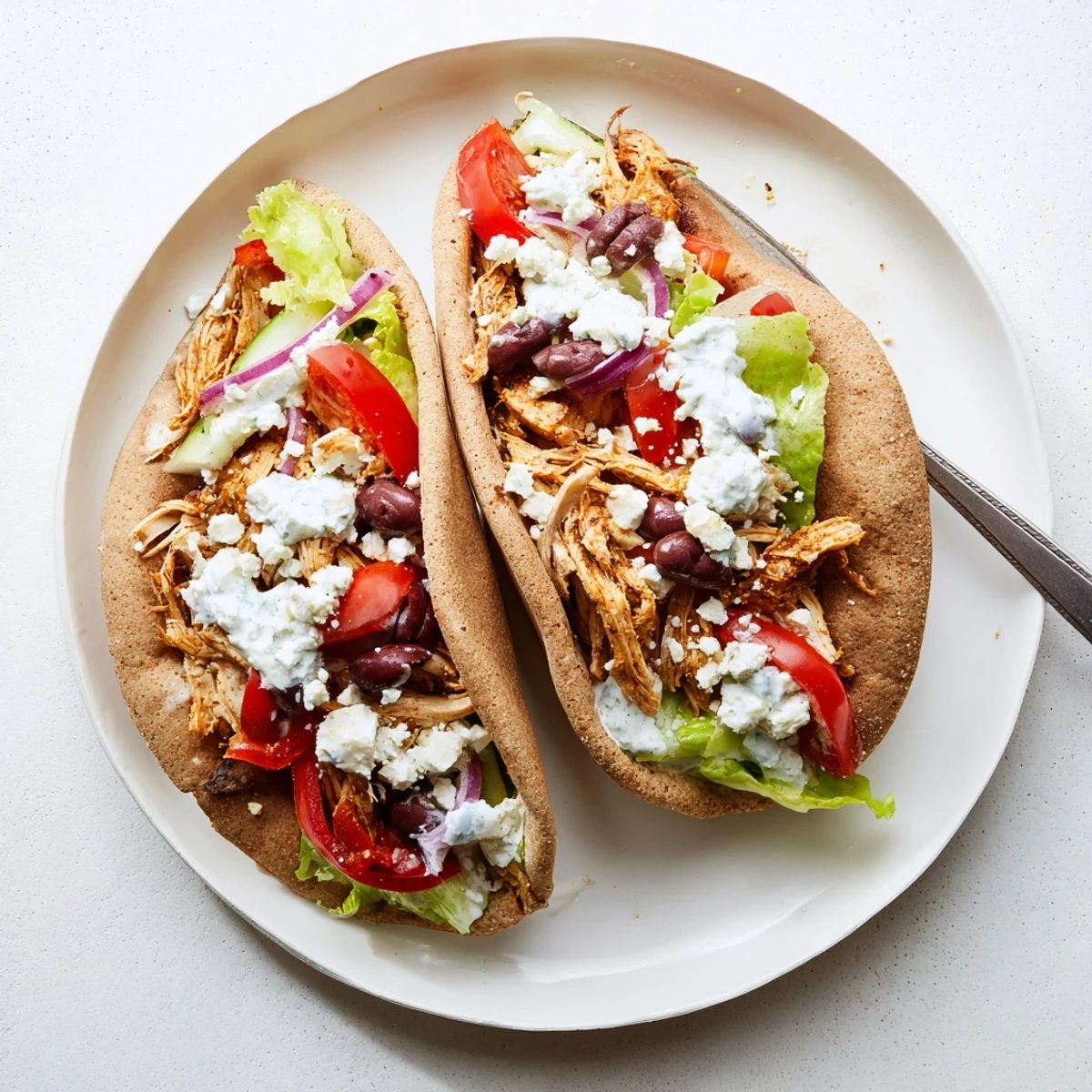 Slow cooker Greek chicken pitas stuffed with tender shredded meat and crisp vegetables in warm bread