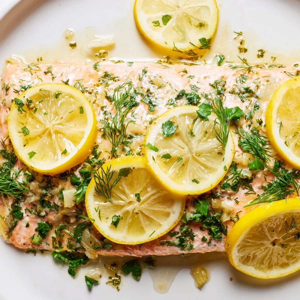 Golden baked salmon fillet with fresh herb lemon topping on a white plate