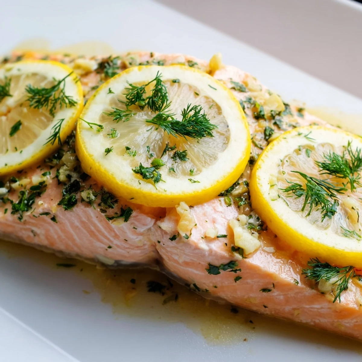 Flaky salmon baked with zesty lemon slices and green dill parsley garnish