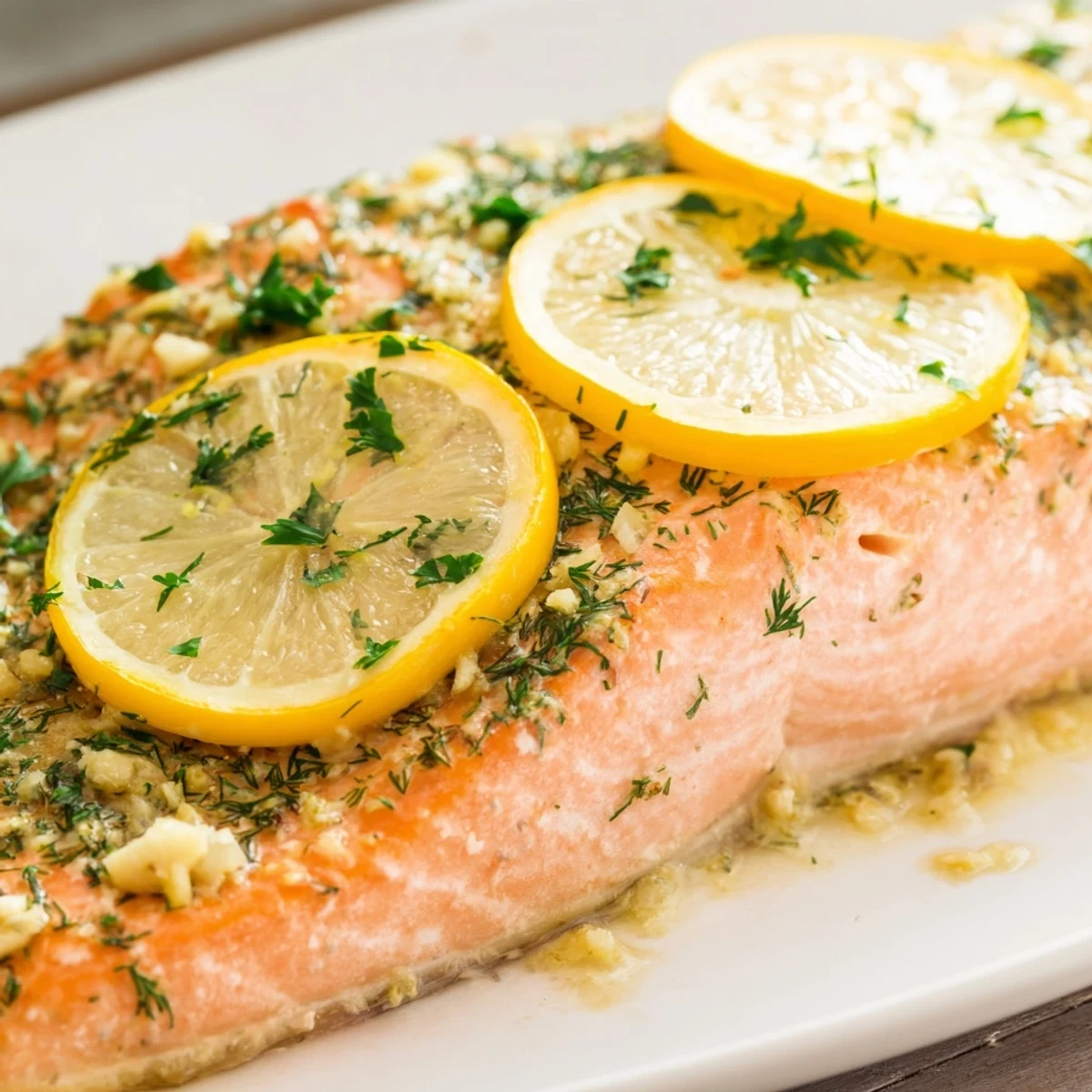 Tender oven baked salmon with lemon rounds and herbs ready for dinner