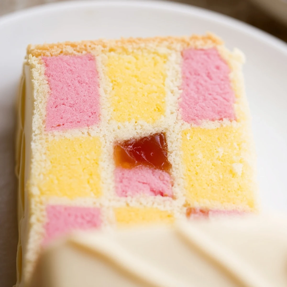 Golden square slice of Classic Battenberg Cake revealing signature pink and yellow checkerboard pattern wrapped in smooth white marzipan