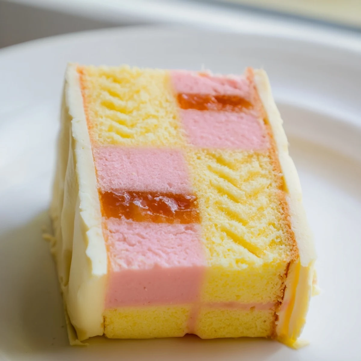 British Classic Battenberg Cake served on vintage china plate, showing soft sponge layers with sweet apricot jam filling