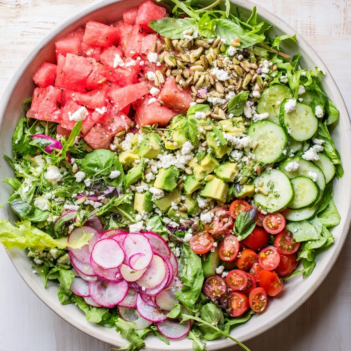 Colorful ultimate summer salad bowl with fresh greens, watermelon, avocado, and feta cheese drizzled with vinaigrette