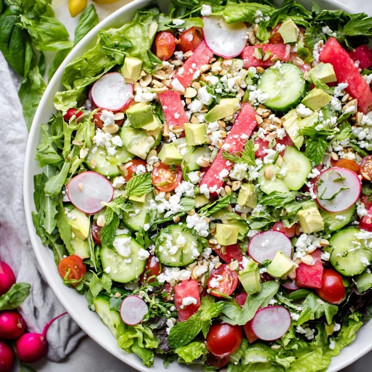 Fresh ultimate summer salad featuring crisp vegetables, juicy watermelon cubes, and crunchy toasted nuts on a white plate