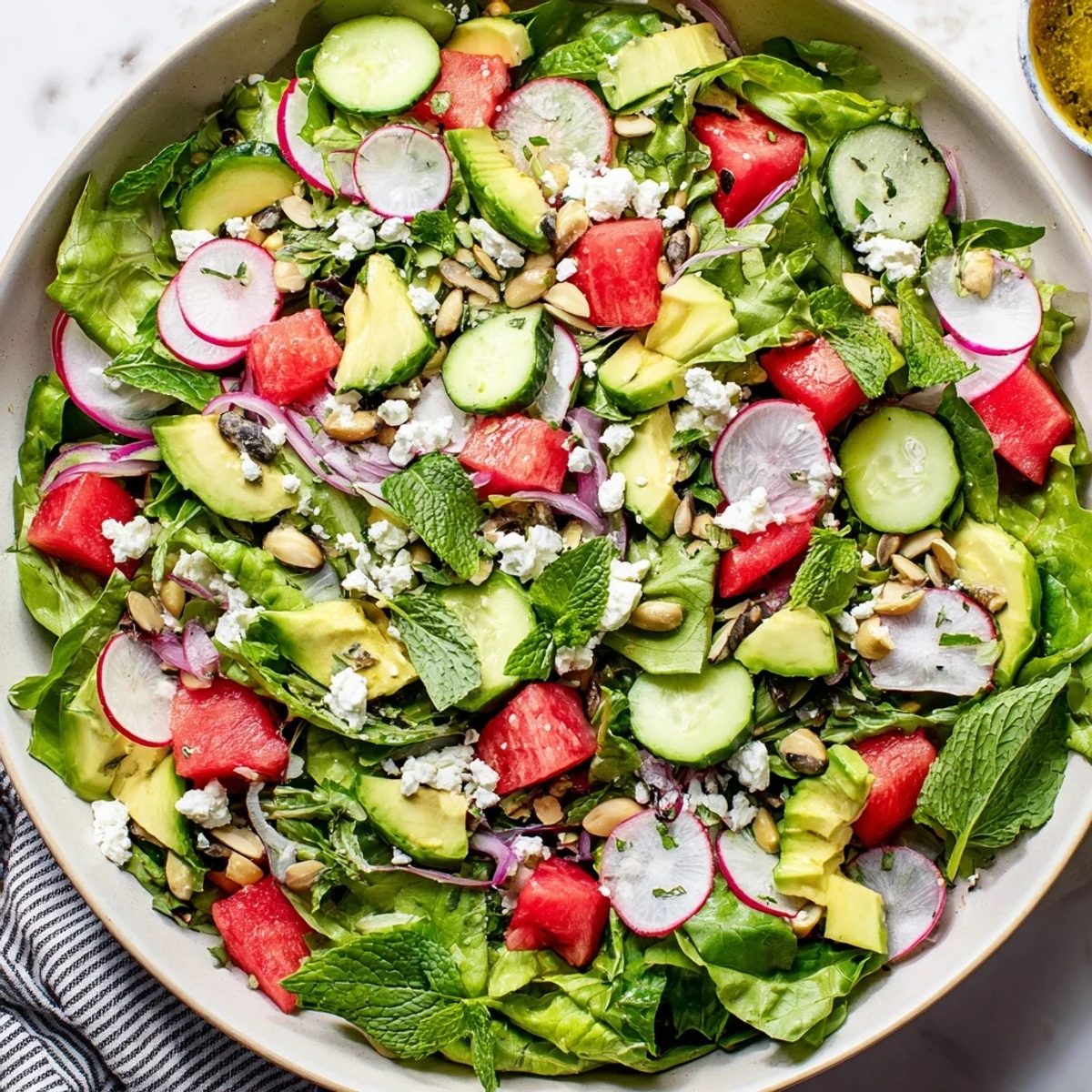 Vibrant ultimate summer salad arrangement with cherry tomatoes, cucumber, radishes, and mint leaves ready for warm-weather dining