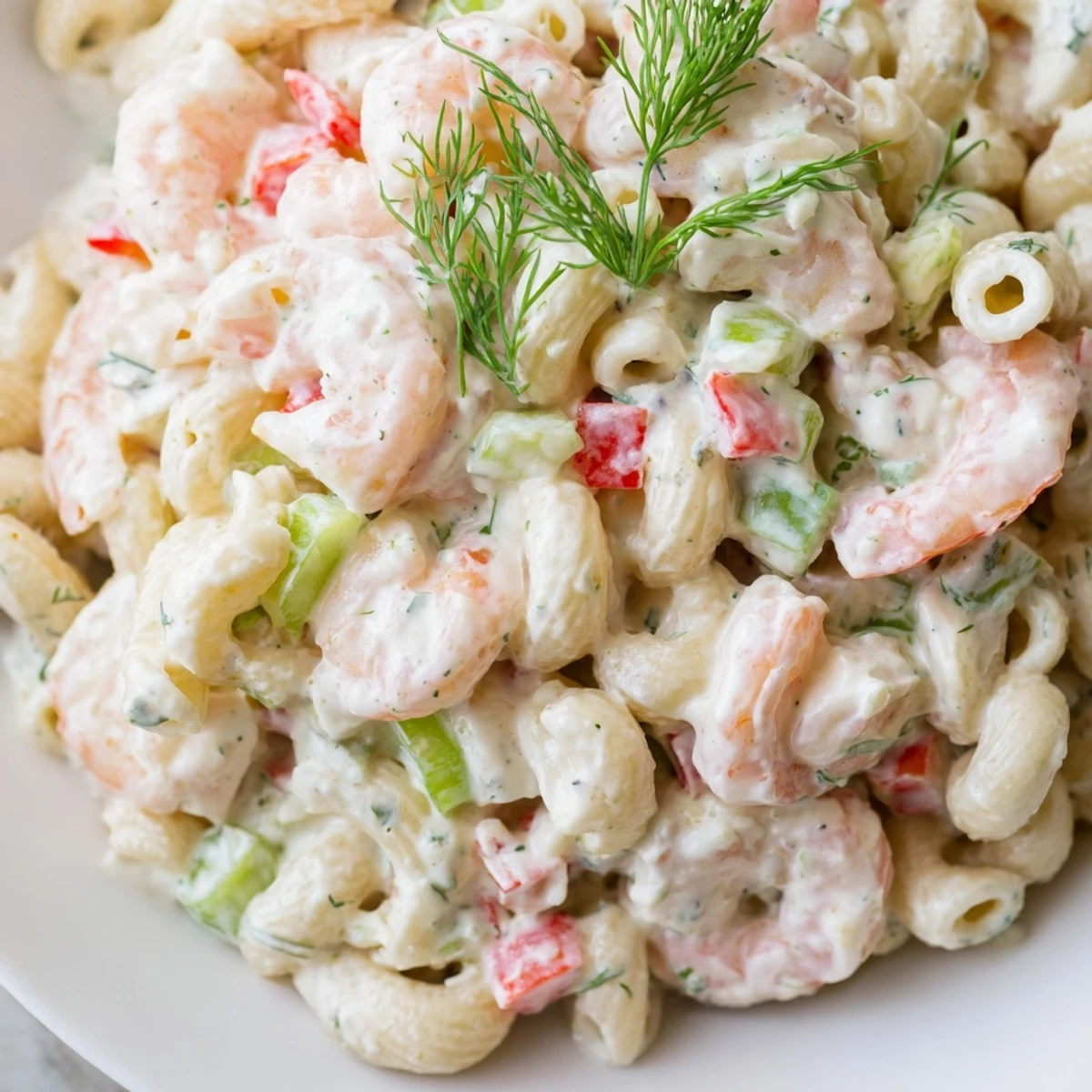 Creamy shrimp pasta salad featuring tender shrimp, crisp vegetables, and tangy dressing in a serving bowl.