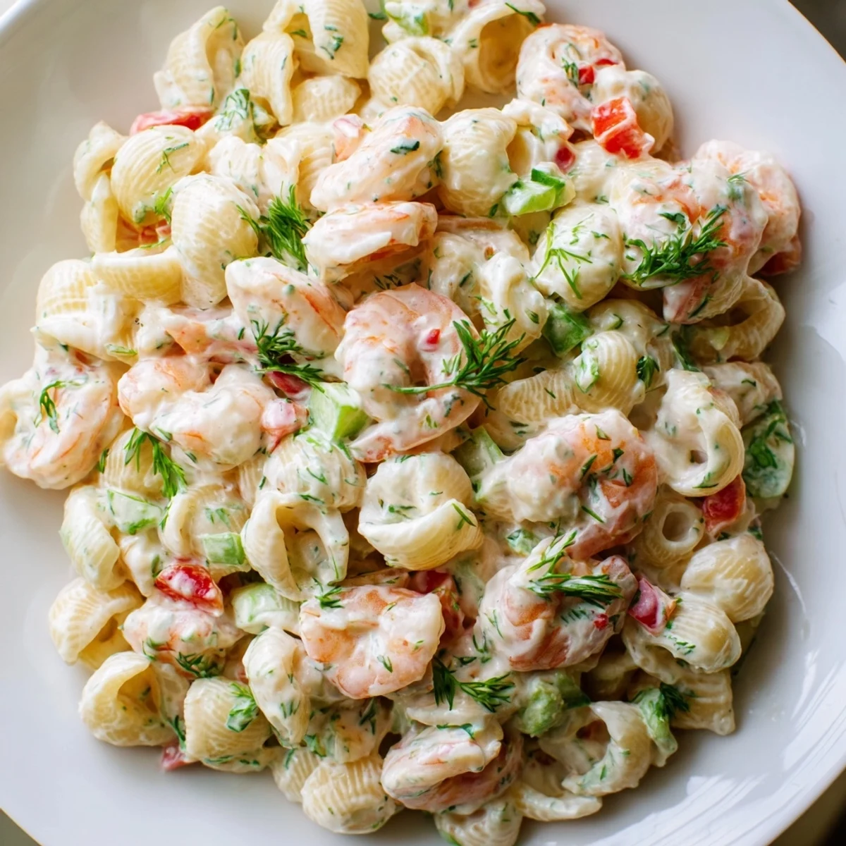 Refreshing cold pasta salad with plump shrimp, colorful diced veggies, and rich creamy coating for summer.