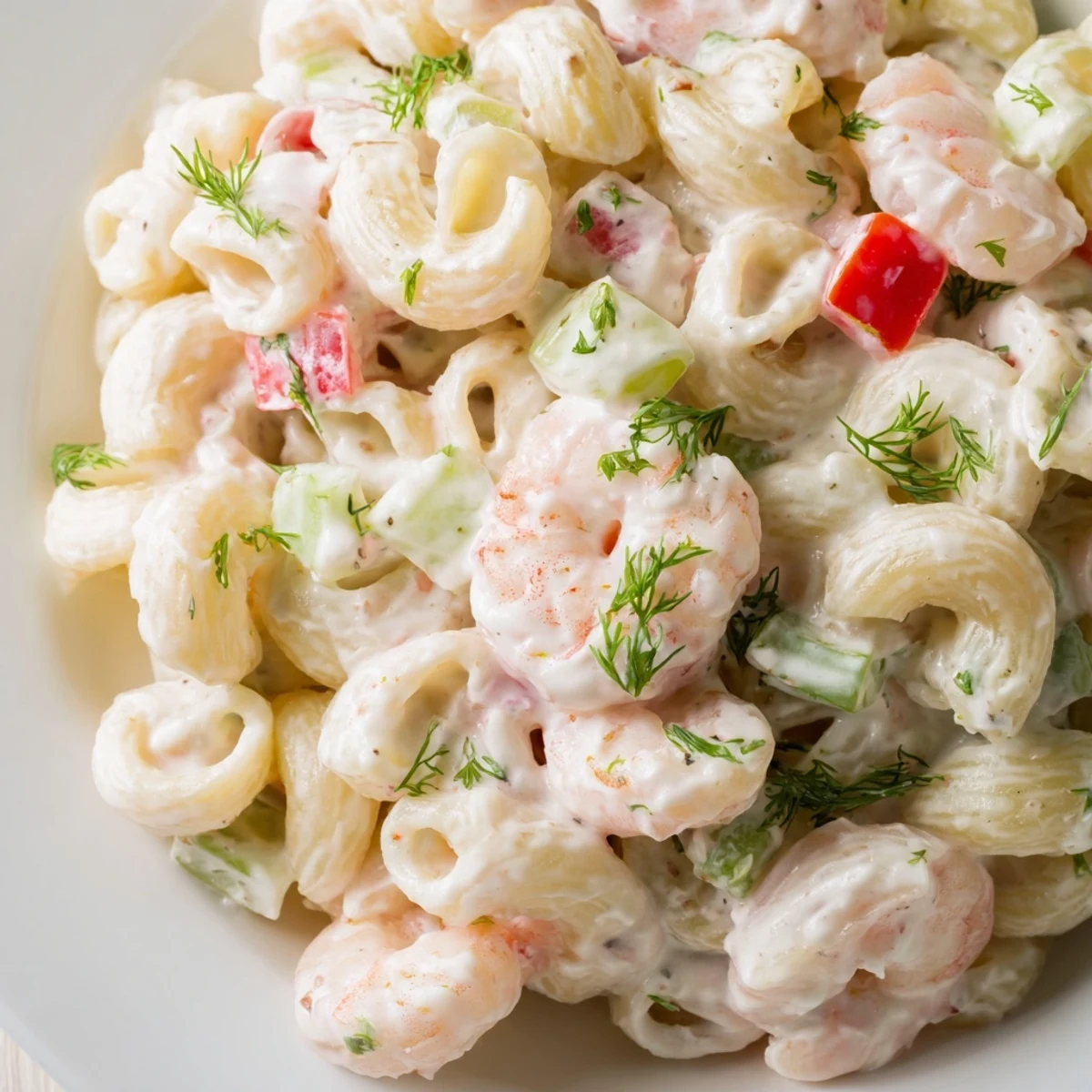 Light and satisfying shrimp pasta salad tossed with crisp bell peppers, celery, and zesty lemon dressing.