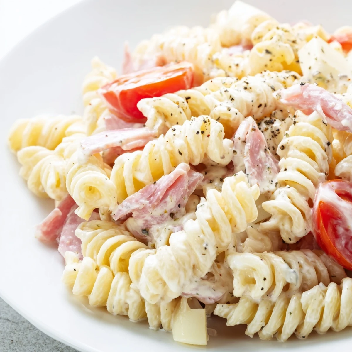 Colorful grinder pasta salad tossed with salami ham provolone and crisp vegetables in creamy dressing