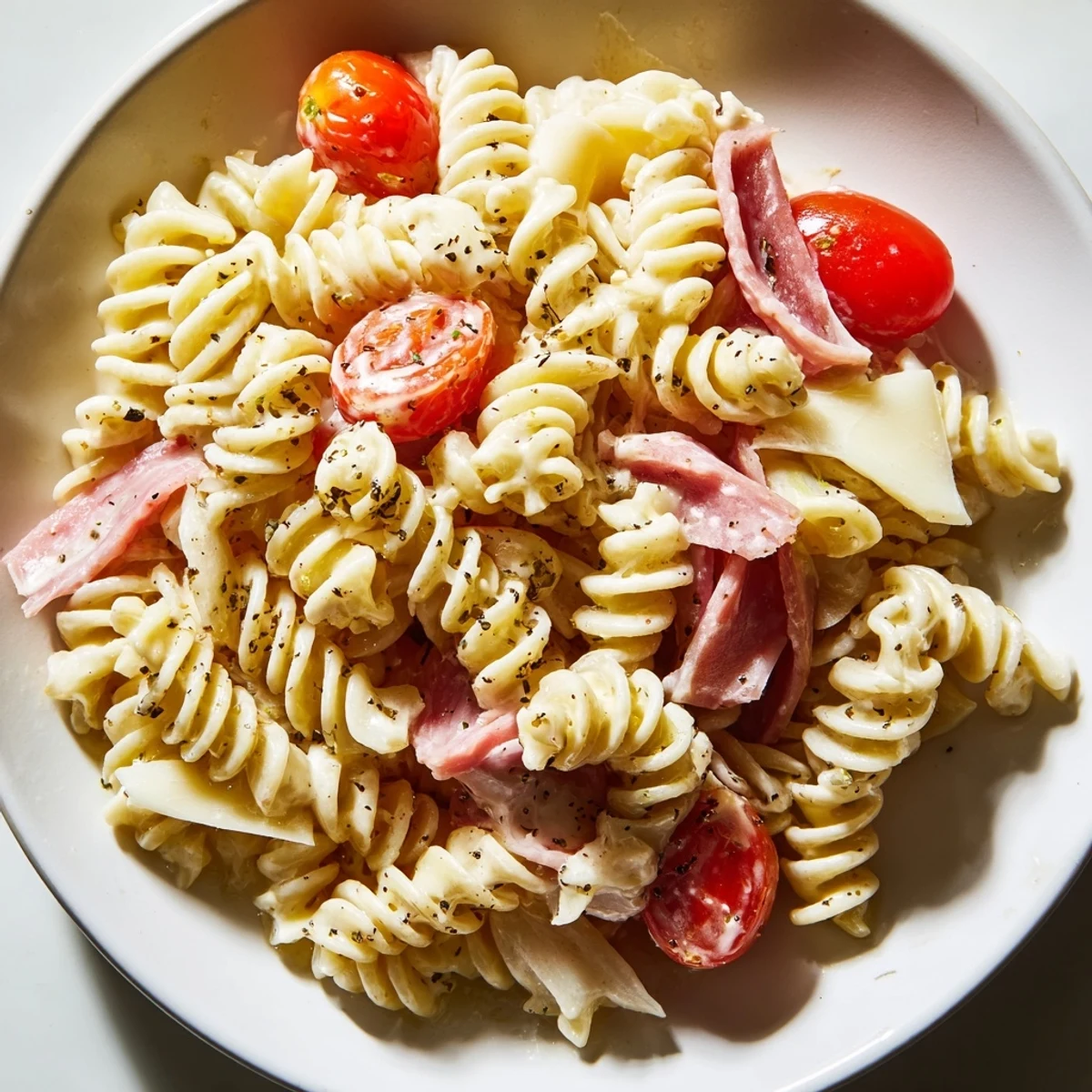 Crowd-pleasing grinder pasta salad bowl with cherry tomatoes lettuce savory meats and tangy red wine vinegar