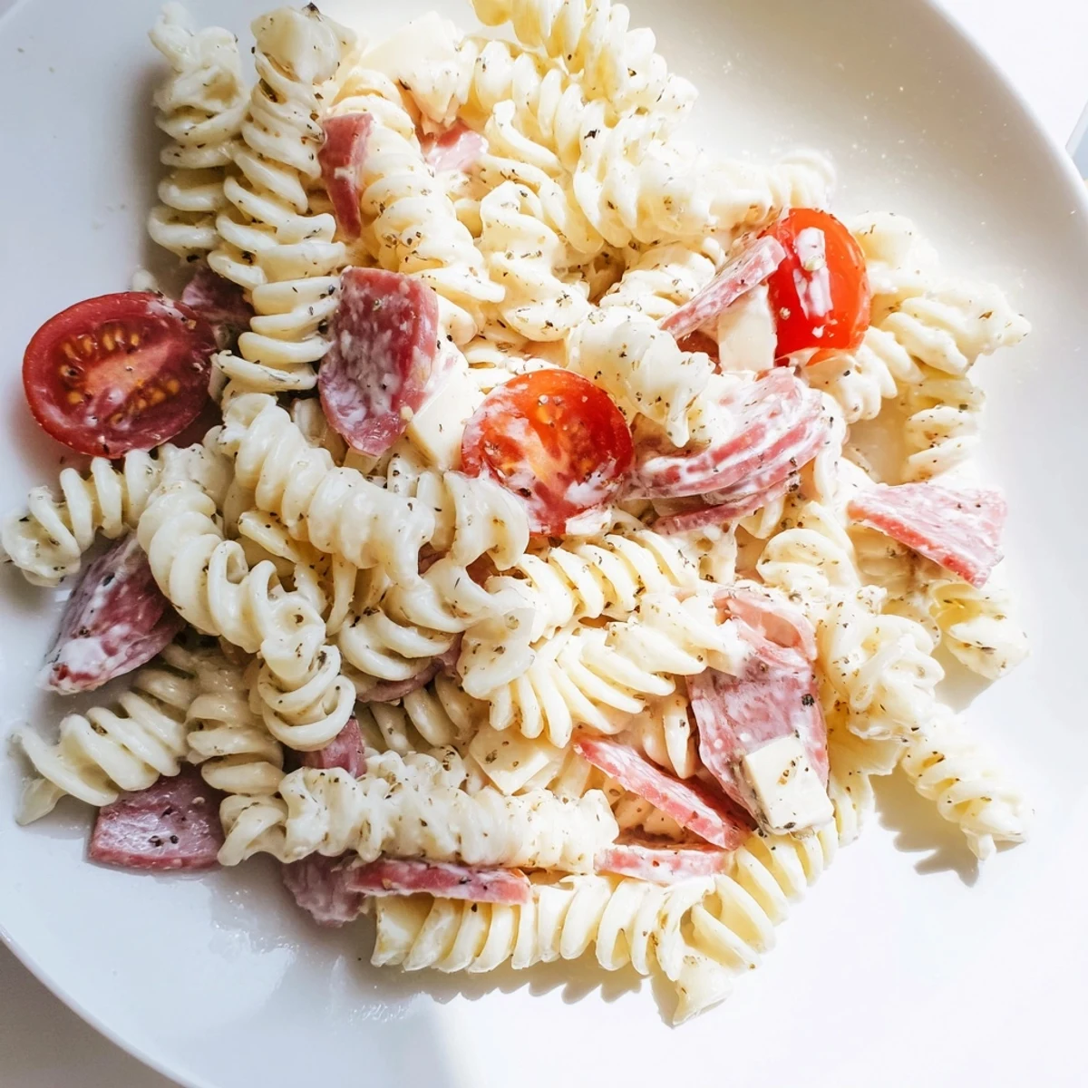 Hearty Italian grinder pasta salad featuring rotini pepperoncini roasted red peppers and zesty mayonnaise dressing