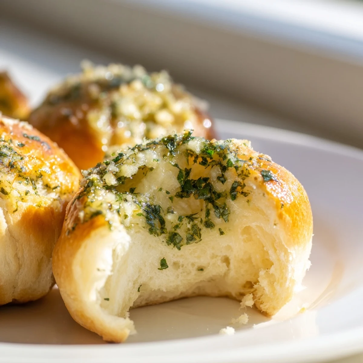 Golden brown garlic bread rolls fresh from the oven with melted herb butter coating