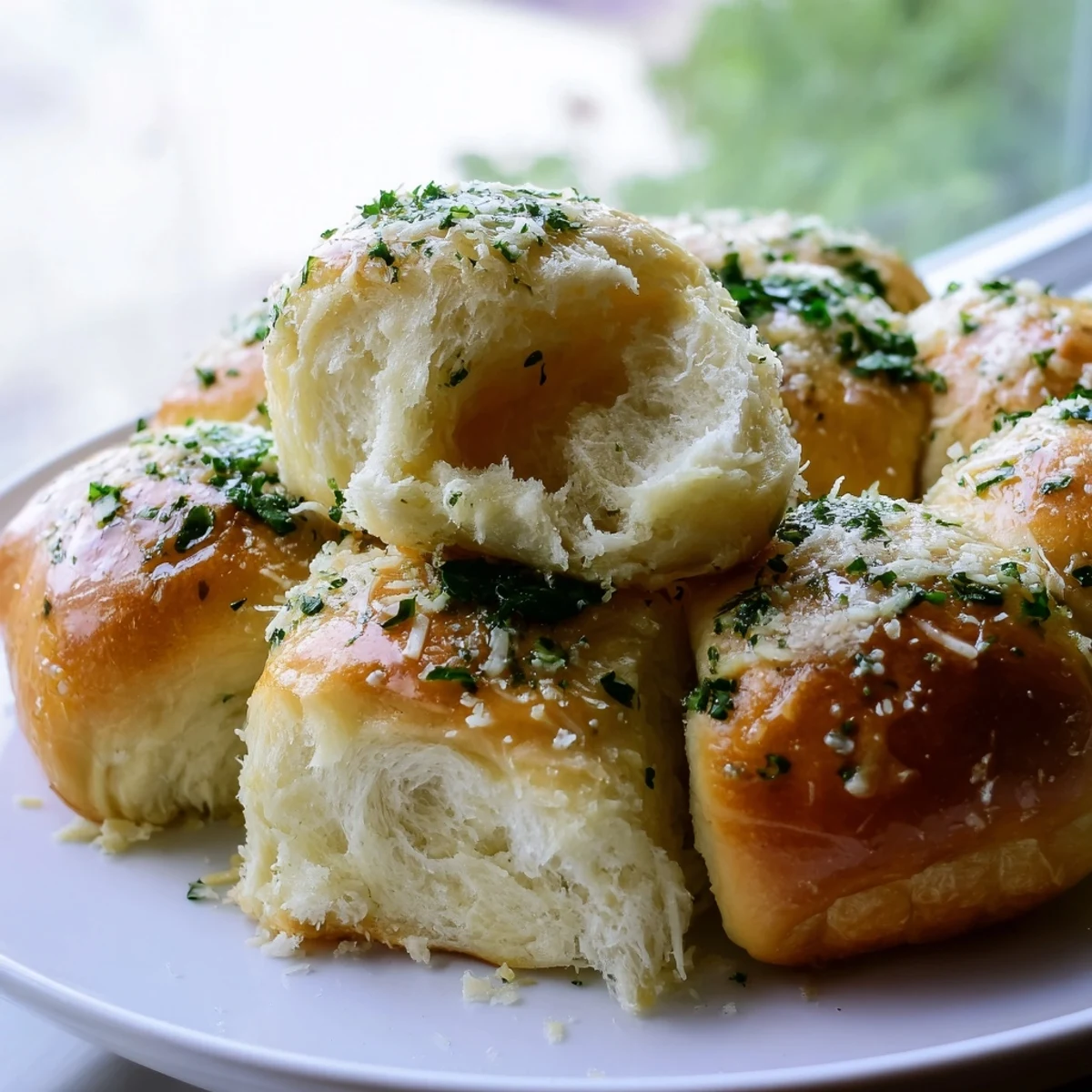 Soft fluffy garlic bread rolls brushed with parsley and Parmesan on a wooden board