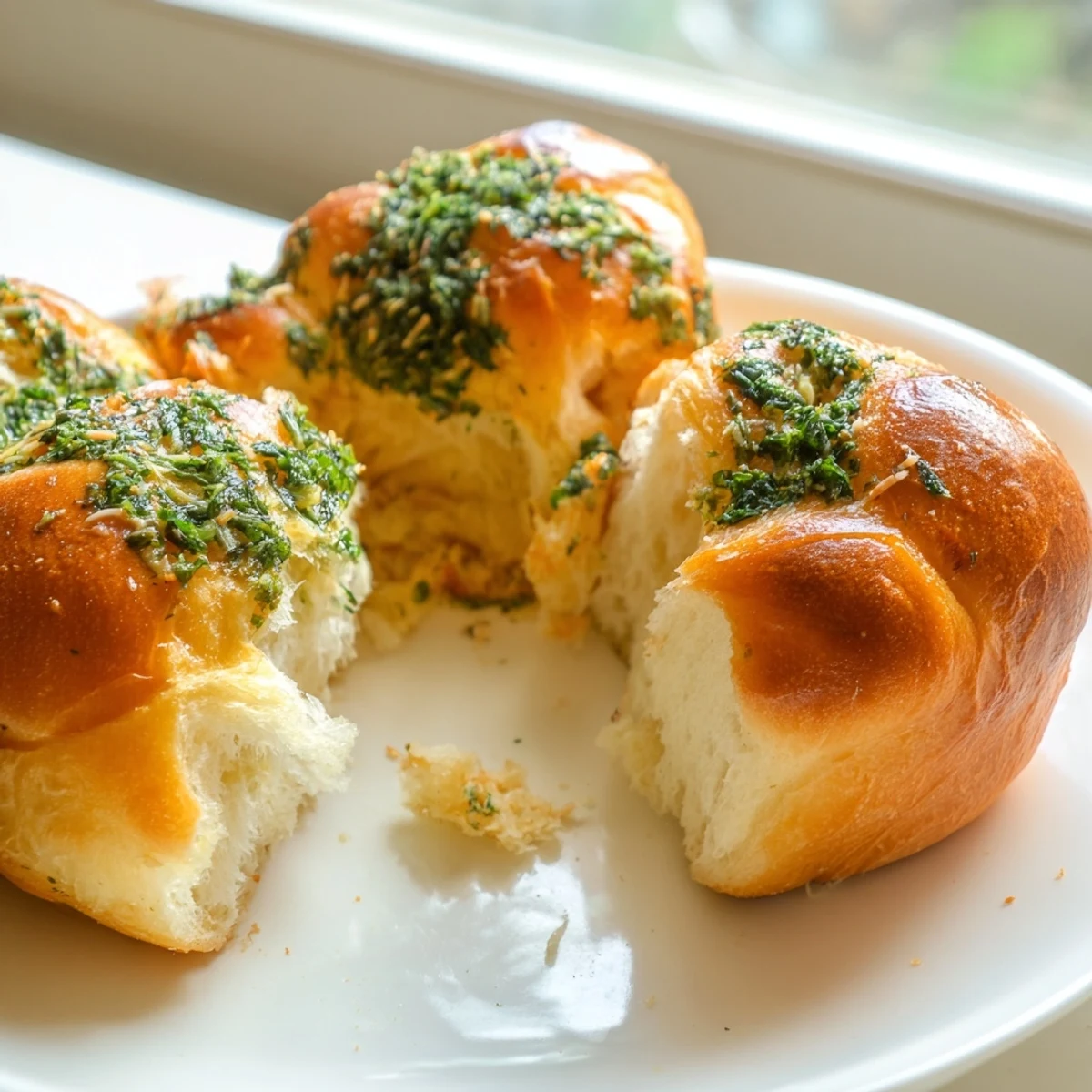Warm homemade garlic bread rolls sliced open revealing aromatic buttery layers inside