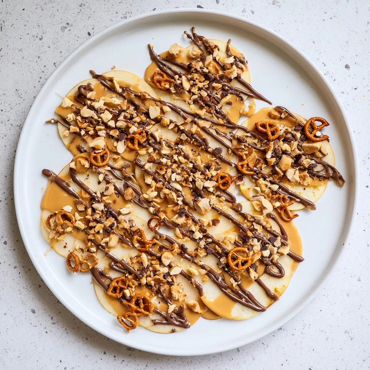 Plate of crisp apple slices layered with warm peanut butter and melted chocolate chips
