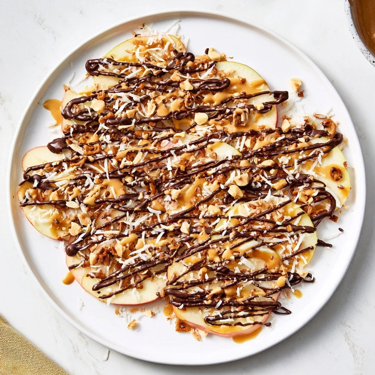 Fresh apple nachos with peanut butter and chocolate drizzle topped with crunchy peanuts