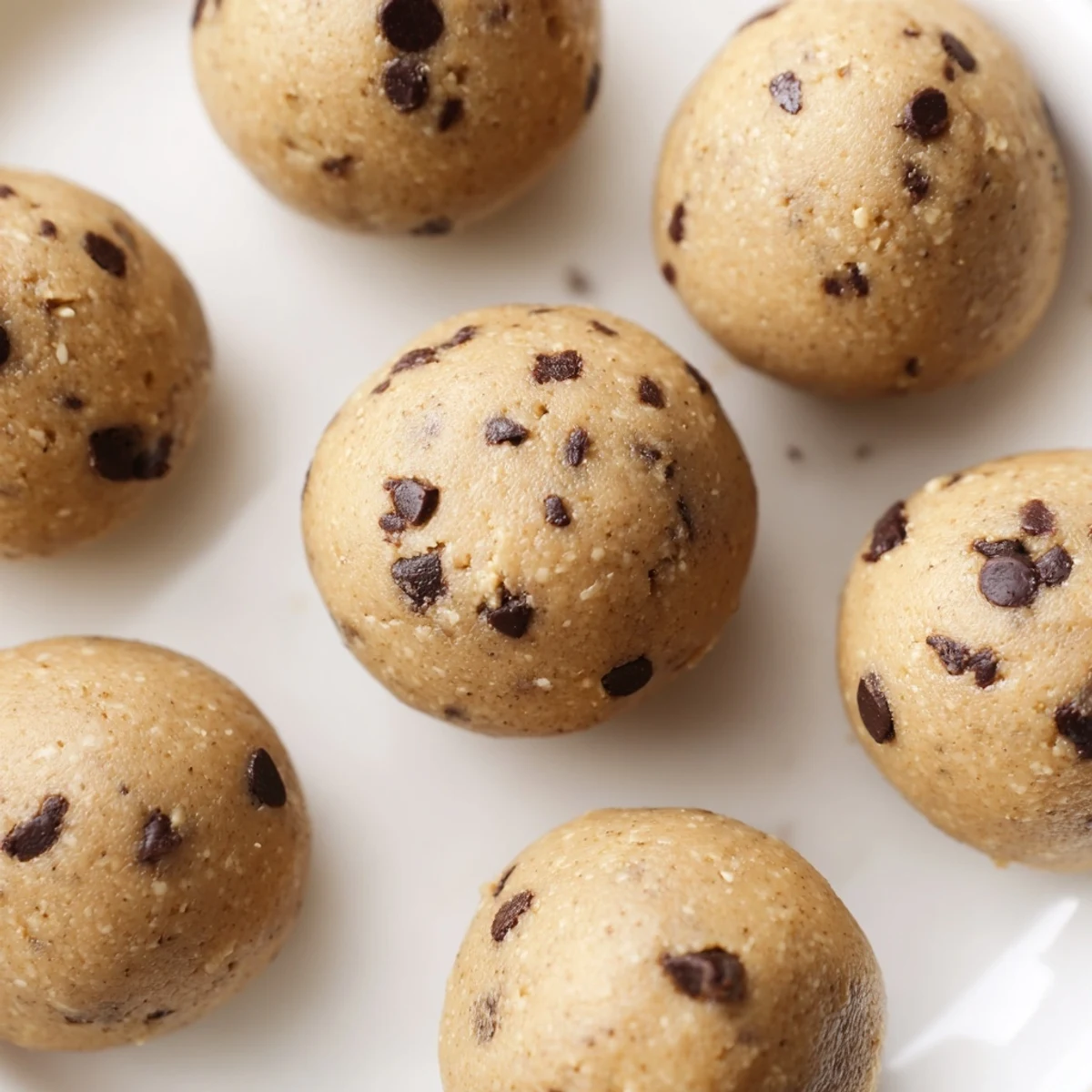 No-bake protein balls studded with mini dark chocolate chips on a white plate