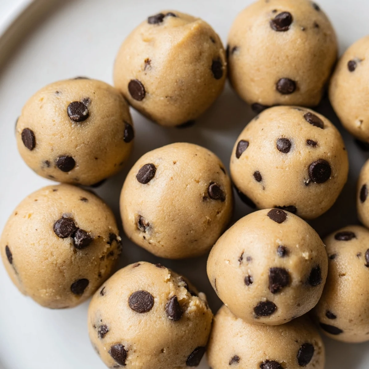 Protein-packed cookie dough balls with visible oat flour texture and melted chocolate chunks