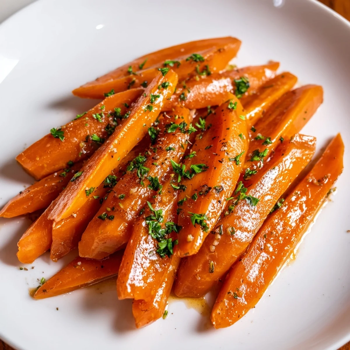 Tender carrot slices coated in rich brown sugar glaze sprinkled with fresh green parsley