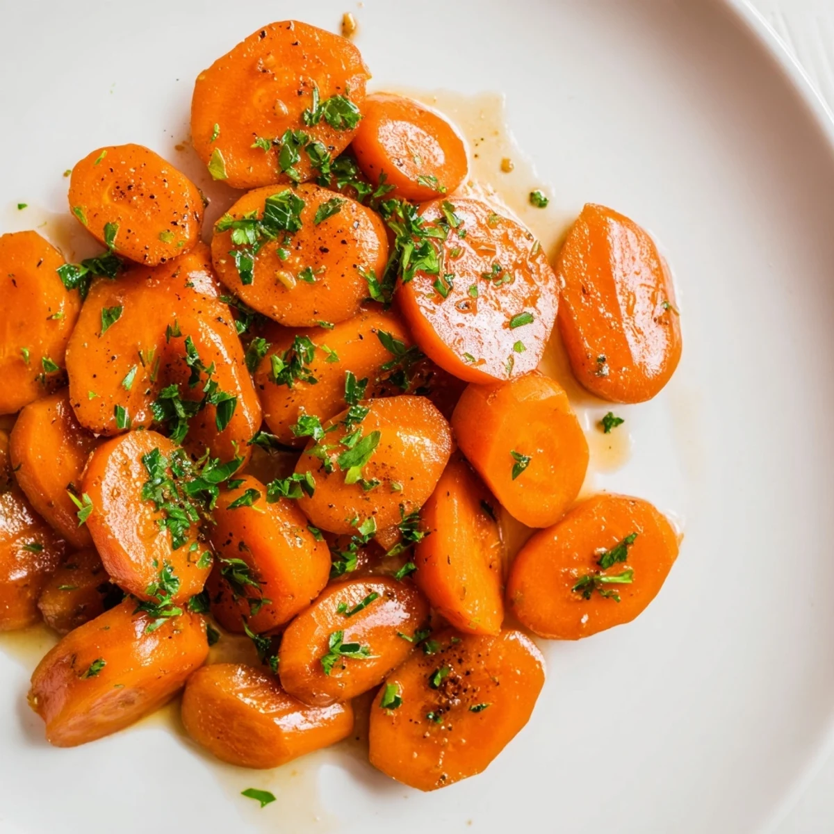 Golden brown sugar glazed carrots glistening with buttery sweetness on a white serving plate