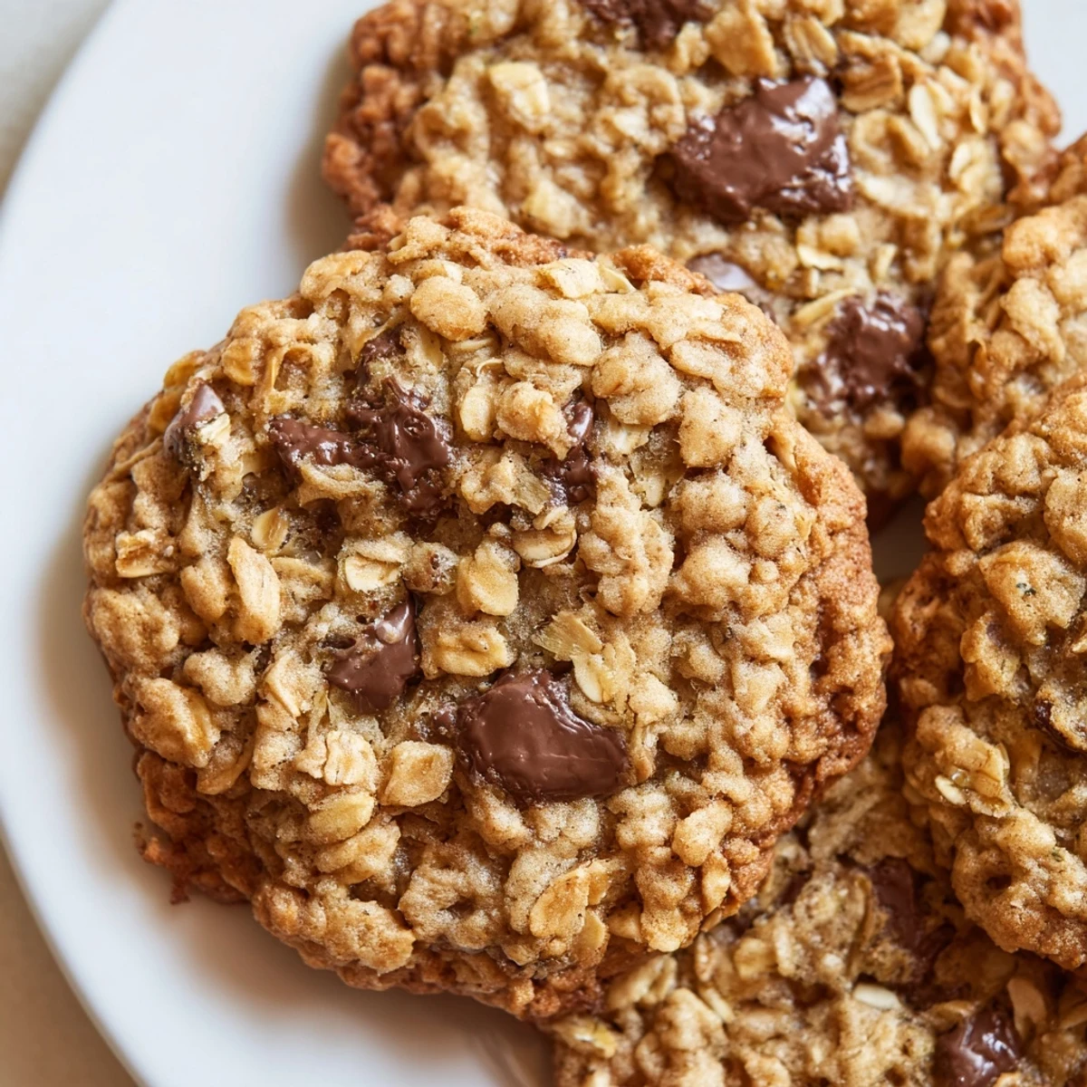 Golden classic oatmeal chocolate chip cookies fresh from the oven with melted chocolate chips