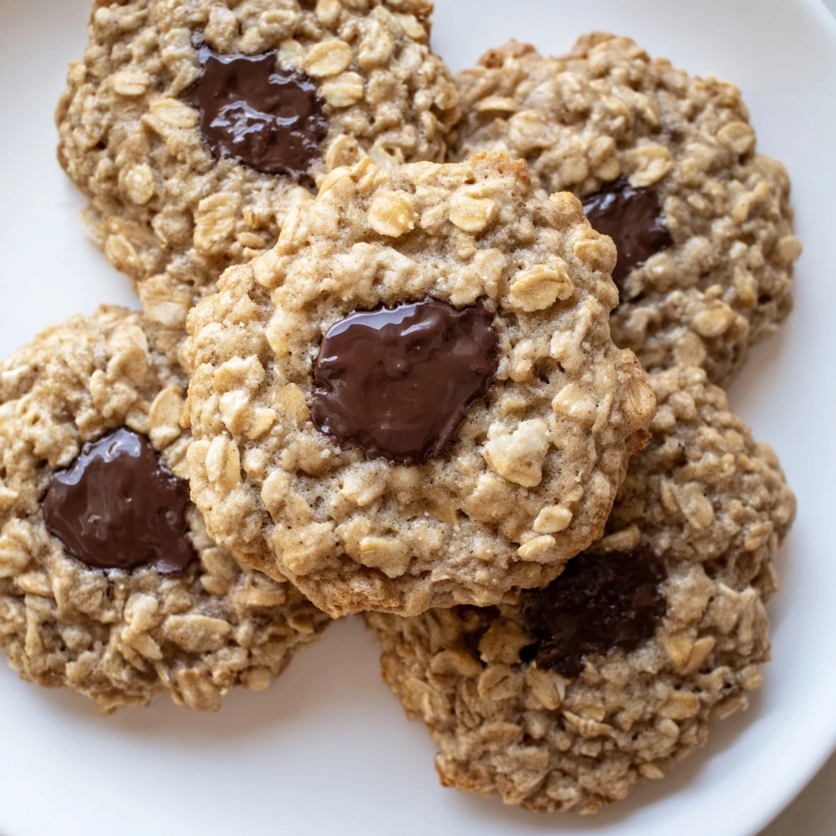 Warm classic oatmeal chocolate chip cookies with oats and chocolate chunks on a white plate