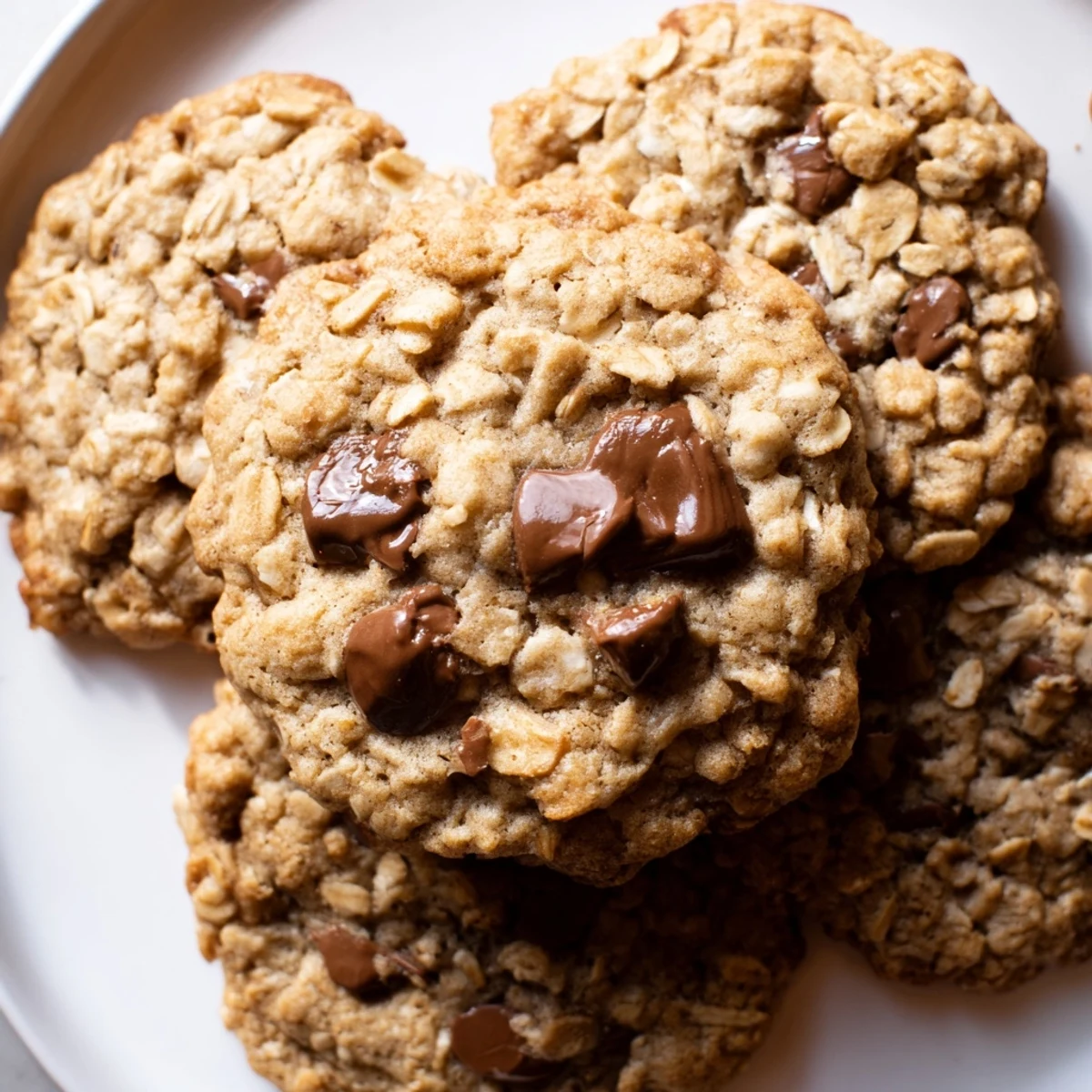 Chewy homemade oatmeal chocolate chip cookies stacked on a wooden serving board