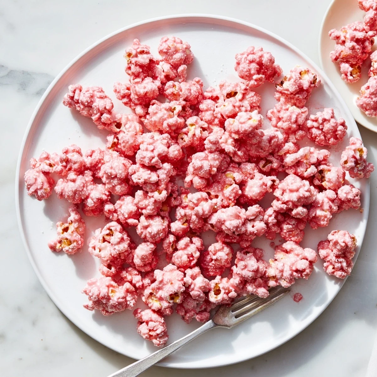 Handful of sweet pink popcorn with glossy red candy coating on a wooden board