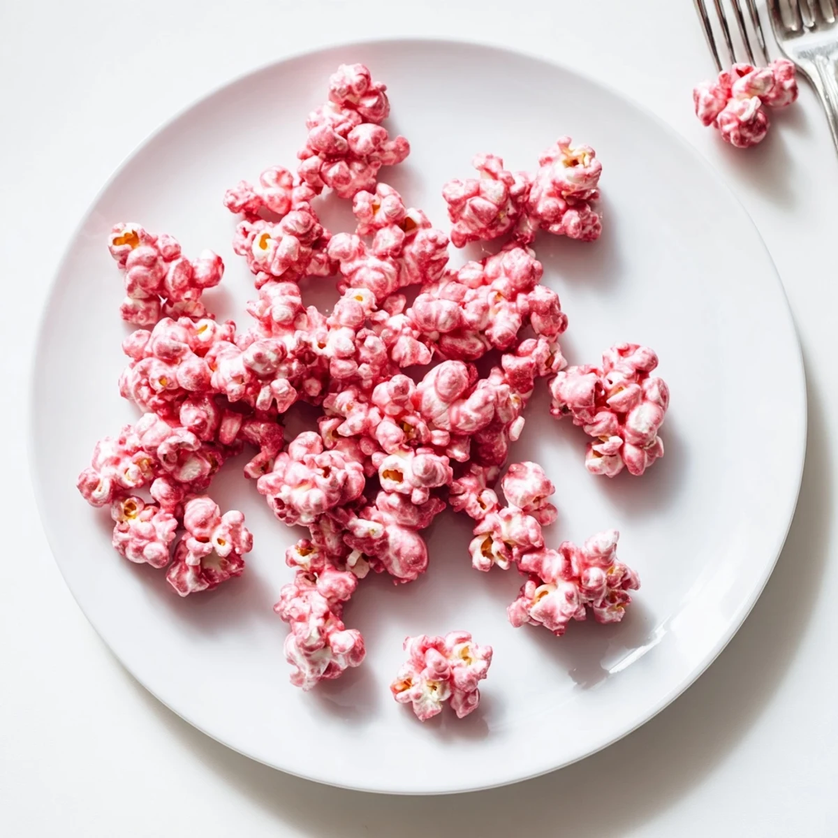 Pink popcorn coated in rosy vanilla glaze arranged in a white serving bowl